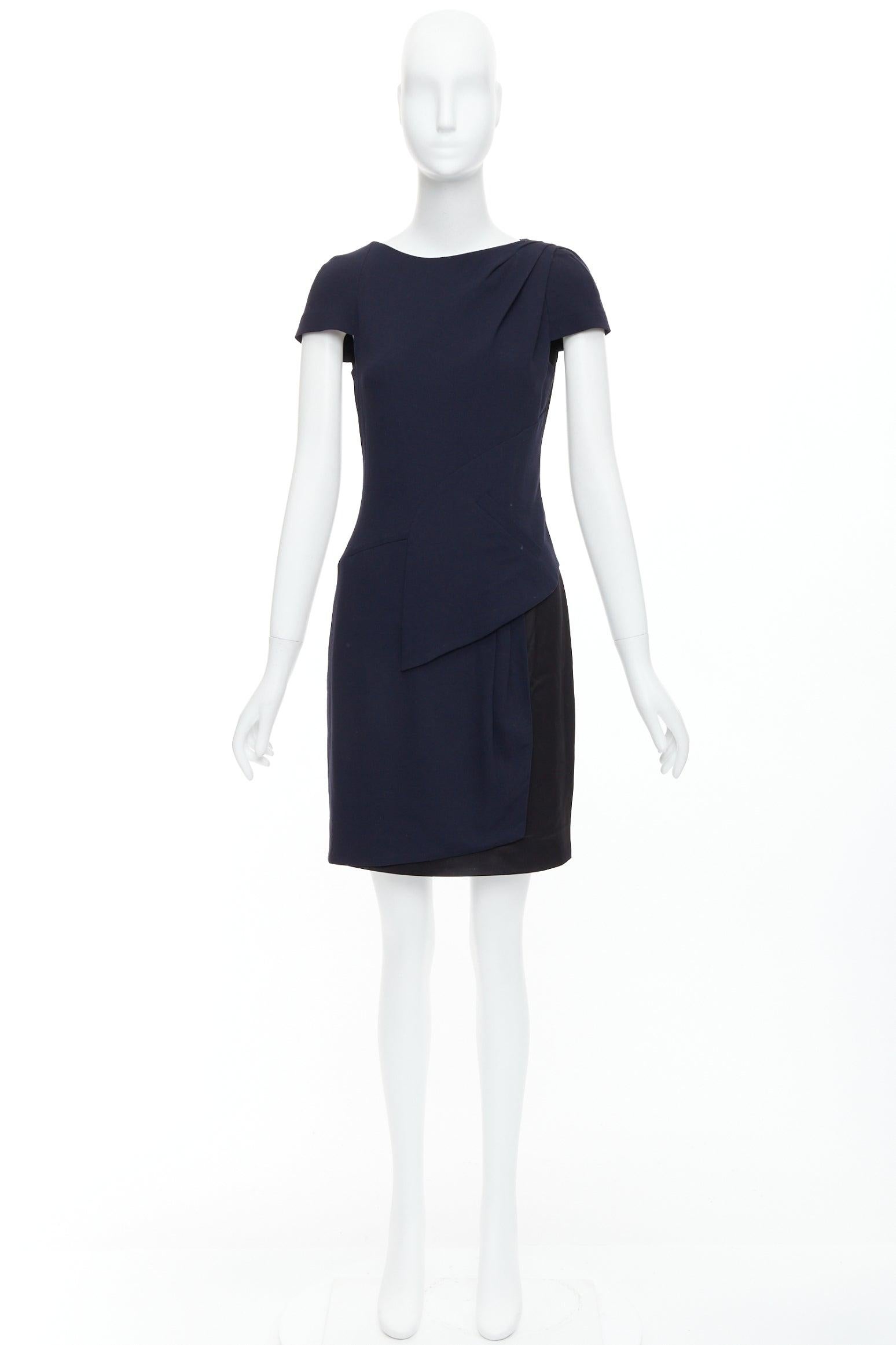 CHANEL navy black rayon wool blend draped pleated shift dress FR36 S For Sale 4