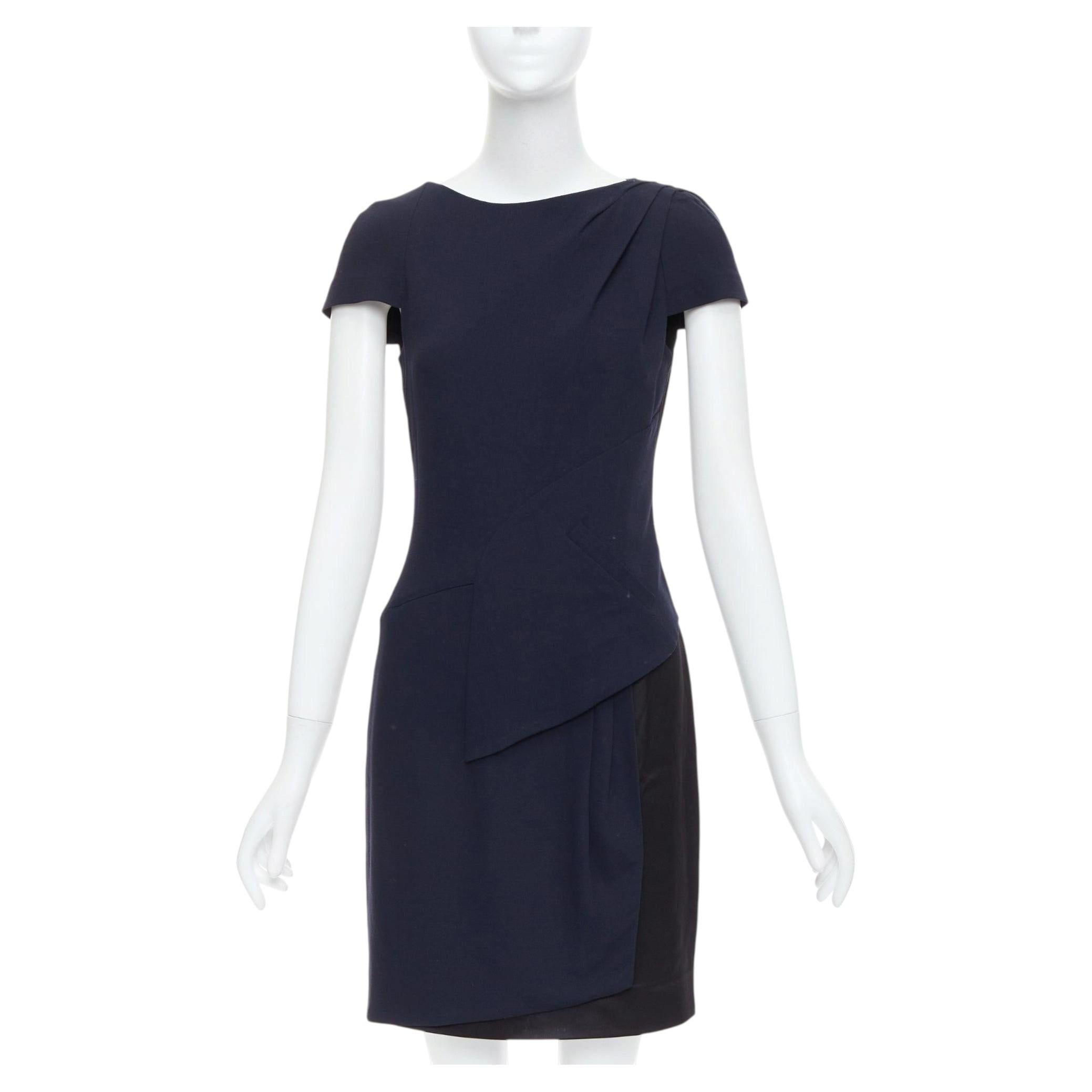 CHANEL navy black rayon wool blend draped pleated shift dress FR36 S For Sale
