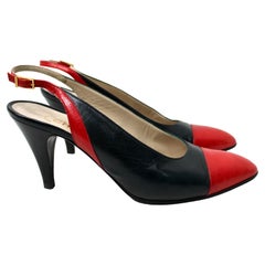 Chanel Navy Black & Red Cap Toe Leather Slingback Pumps