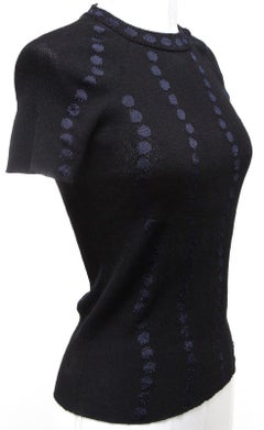 CHANEL Navy Black Sweater Top Knit Blue Polka Dot Short Sleeve 16P 2016 Sz 34