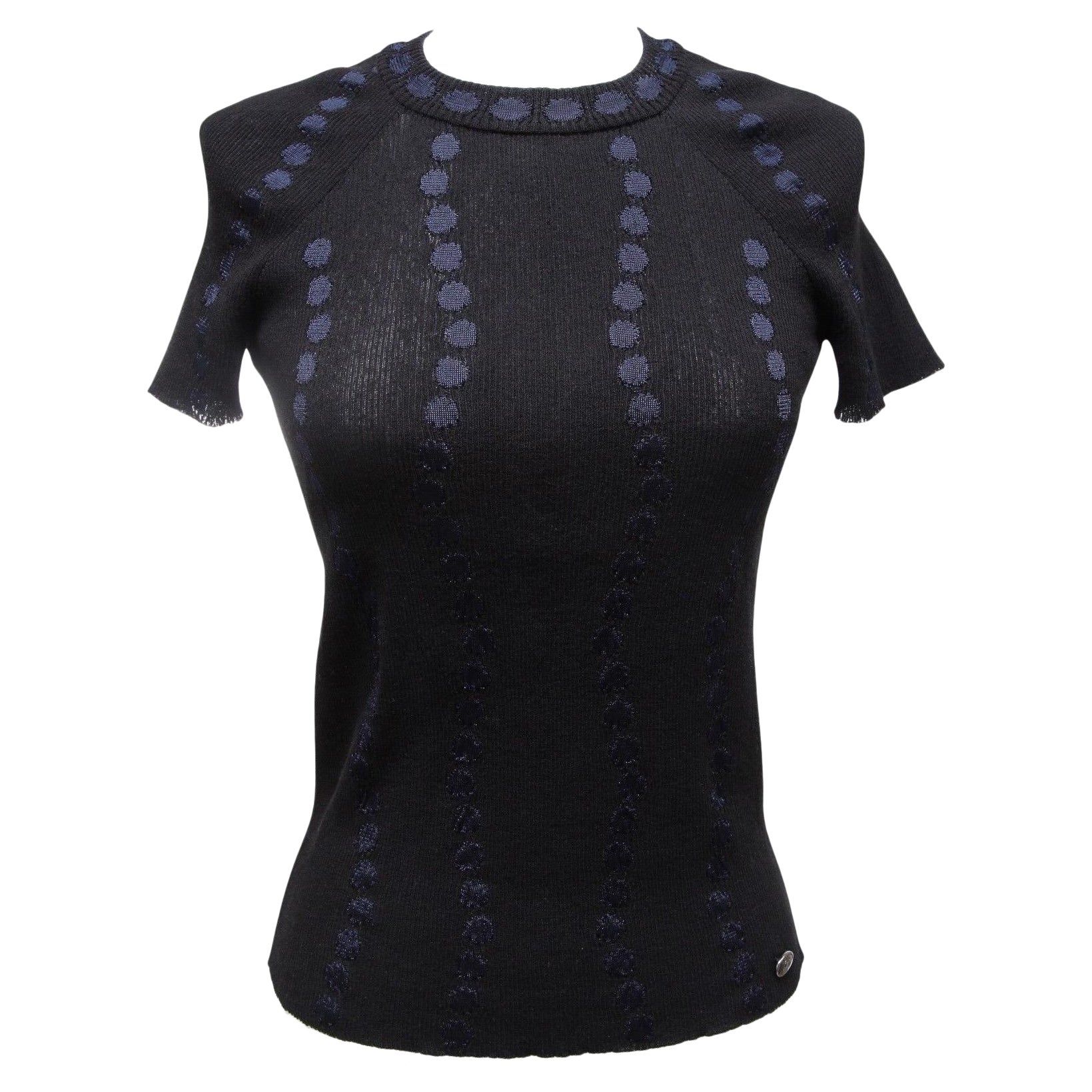 CHANEL Navy Black Sweater Top Knit Blue Polka Dot Short Sleeve 16P 2016 Sz 34 For Sale