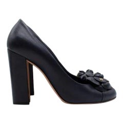 Chanel Navy Block Heel Camellia Pumps