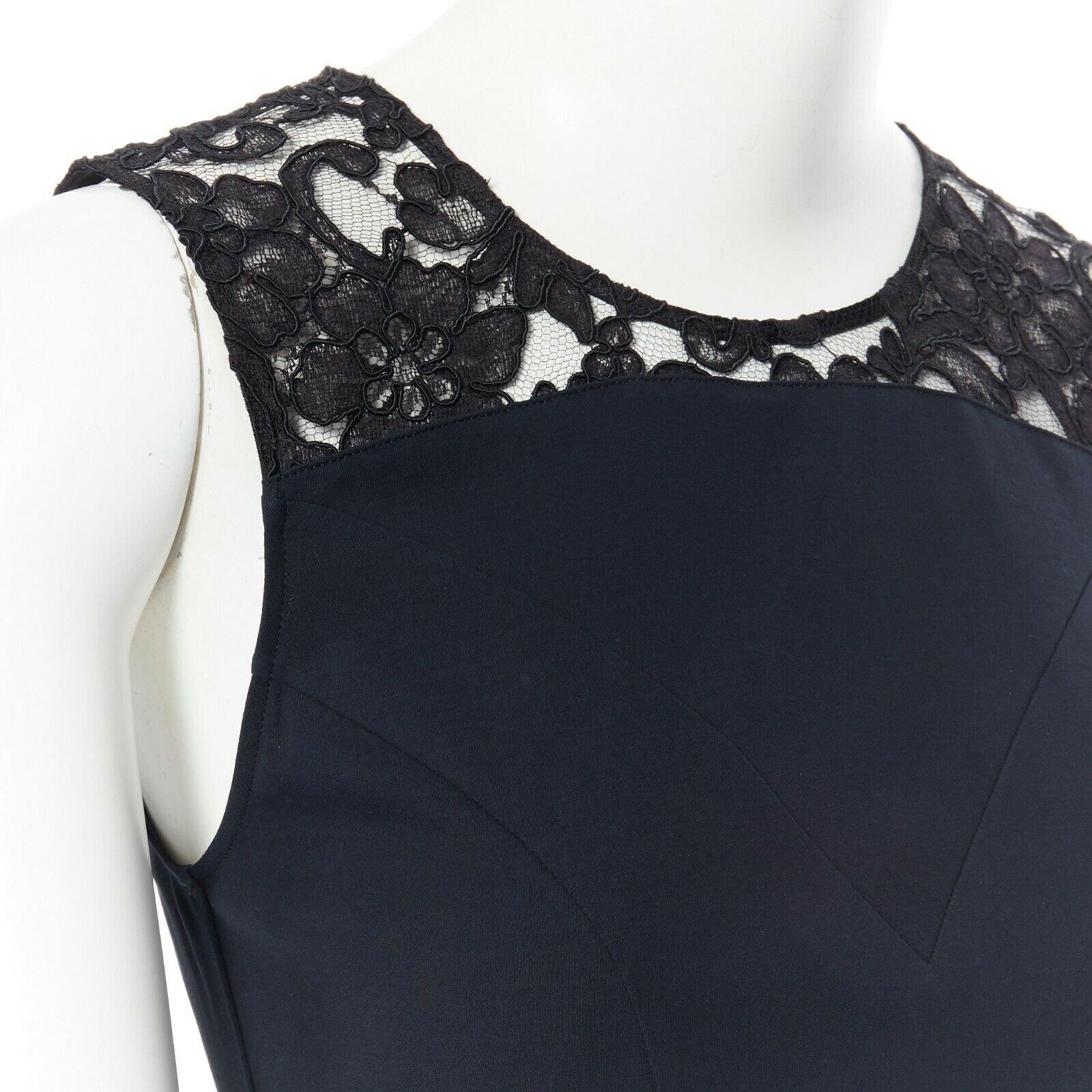 CHANEL top senza maniche in pizzo nero blu navy 100% cotone con scollo a illusione FR36 5