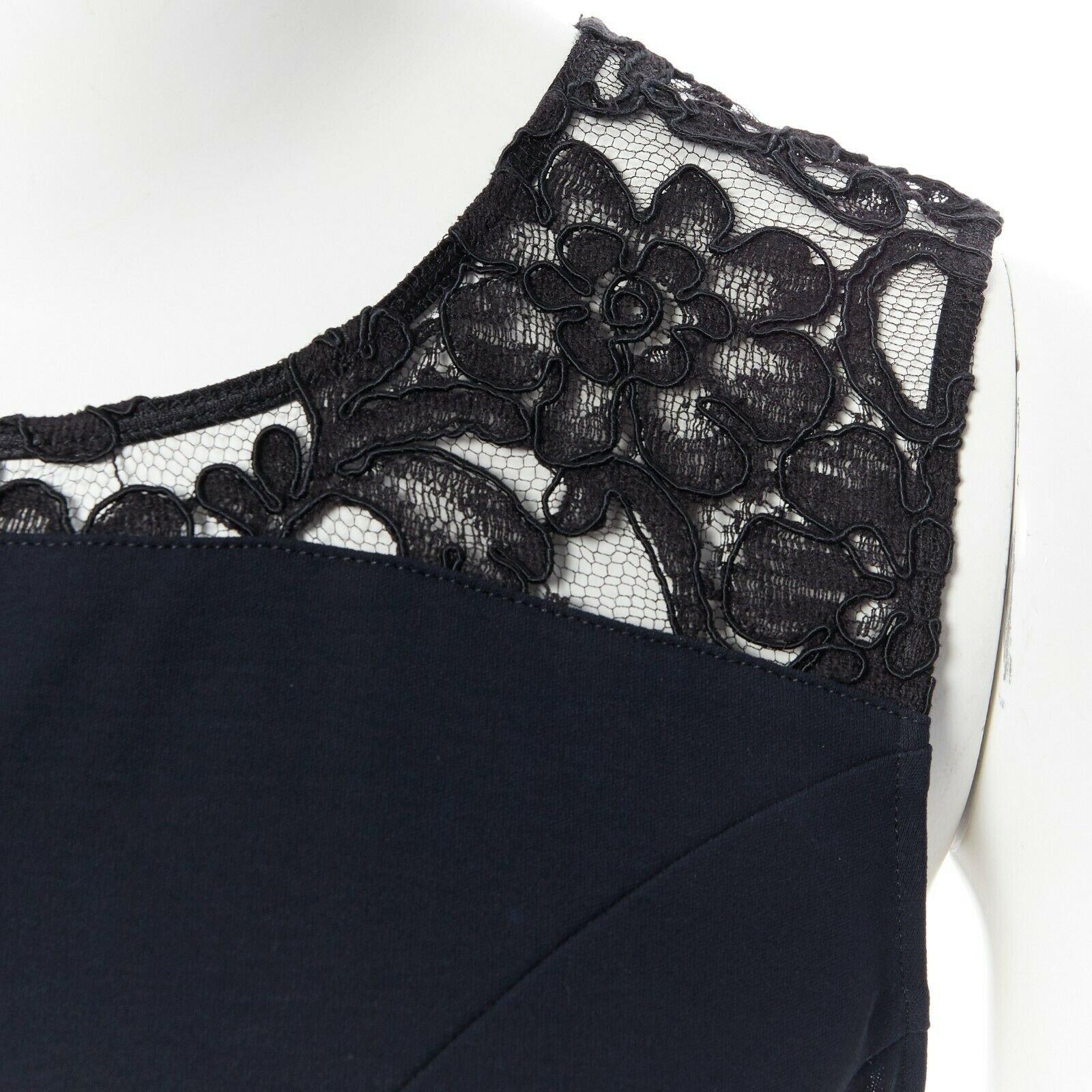 CHANEL navy blue 100% cotton illusion neckline black lace sleeveless top FR36 5