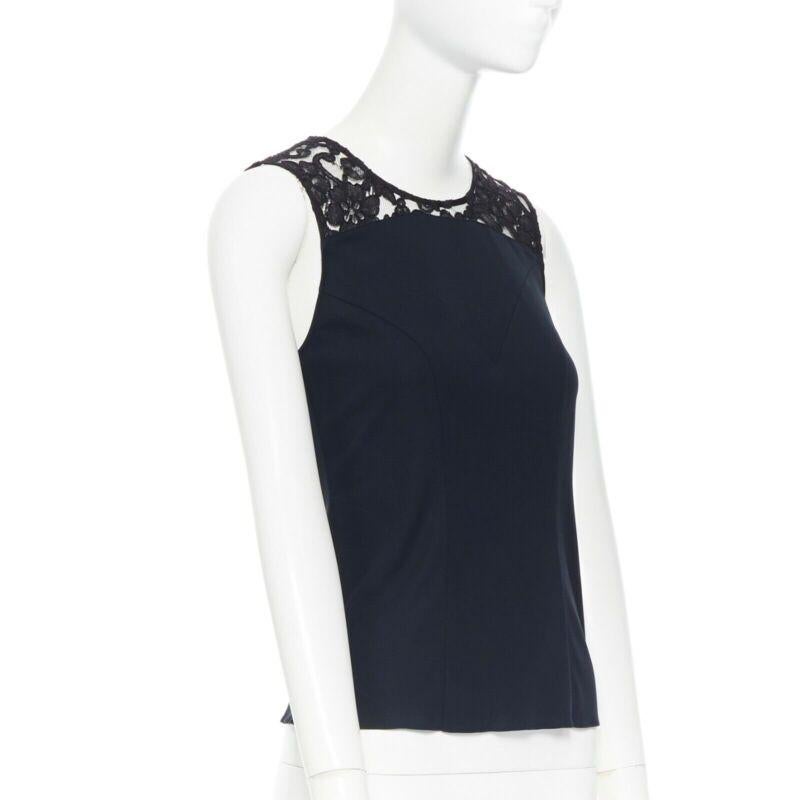 Gray CHANEL navy blue 100% cotton illusion neckline black lace sleeveless top FR36