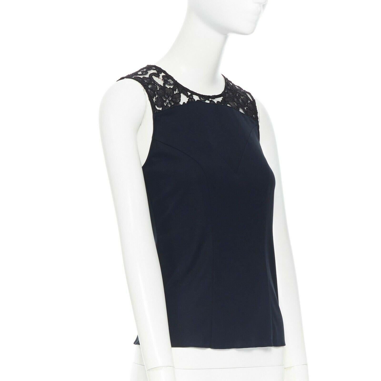 Black CHANEL navy blue 100% cotton illusion neckline black lace sleeveless top FR36