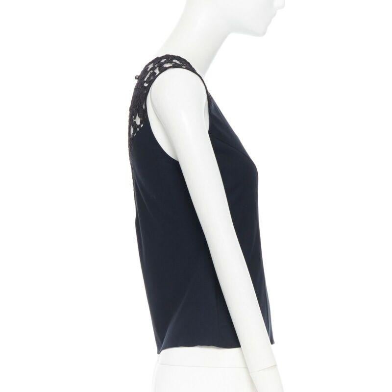 CHANEL navy blue 100% cotton illusion neckline black lace sleeveless top FR36 In Good Condition For Sale In Hong Kong, NT