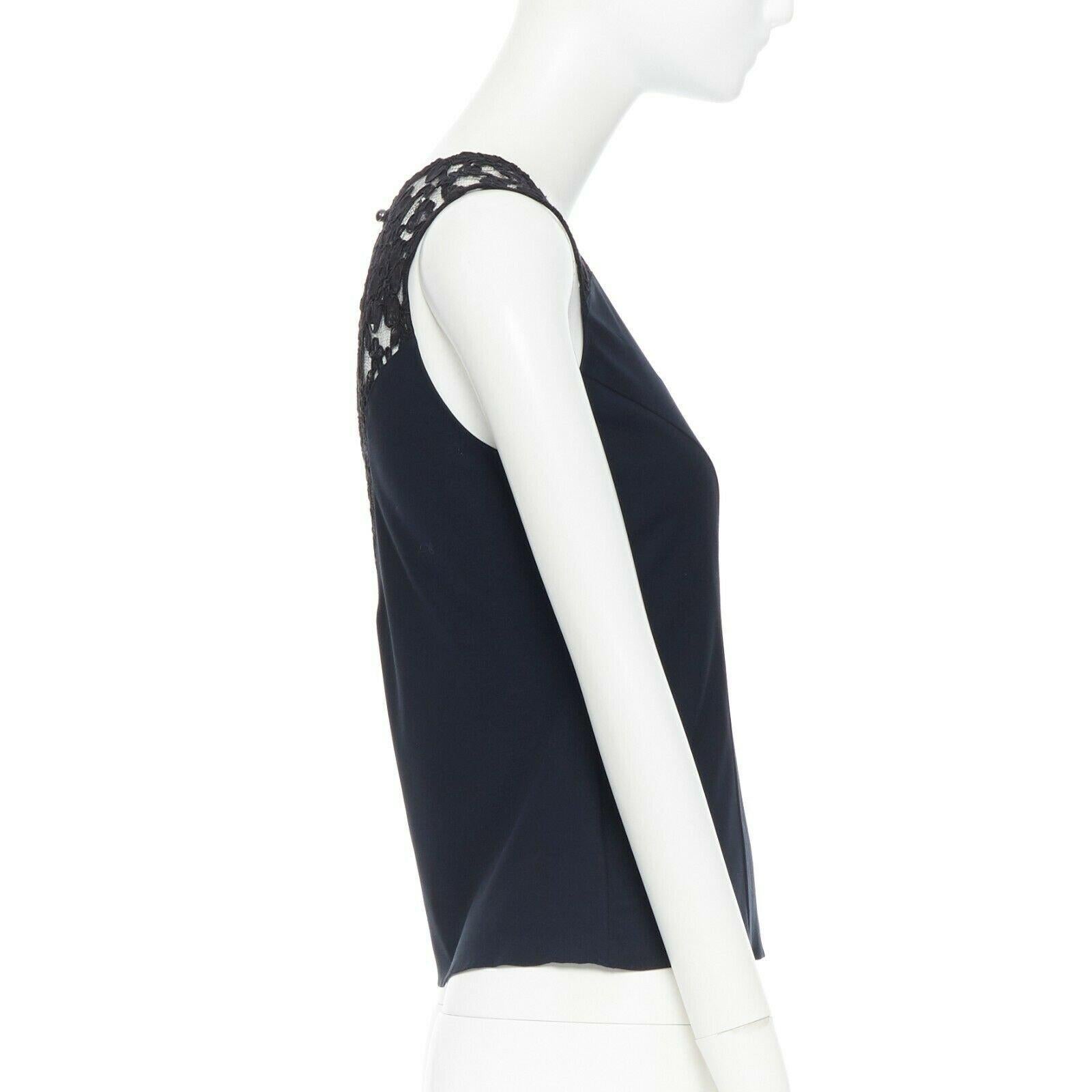 CHANEL navy blue 100% cotton illusion neckline black lace sleeveless top FR36 In Good Condition In Hong Kong, NT