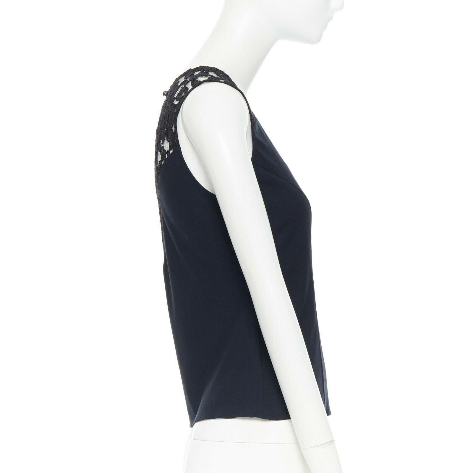 Donna CHANEL top senza maniche in pizzo nero blu navy 100% cotone con scollo a illusione FR36