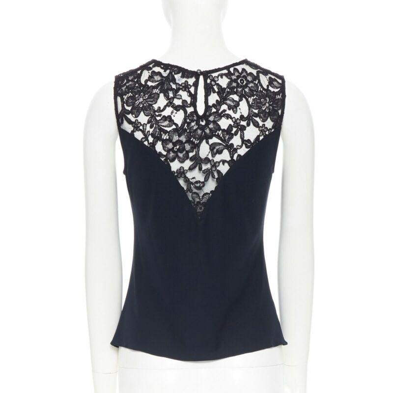 Women's CHANEL navy blue 100% cotton illusion neckline black lace sleeveless top FR36