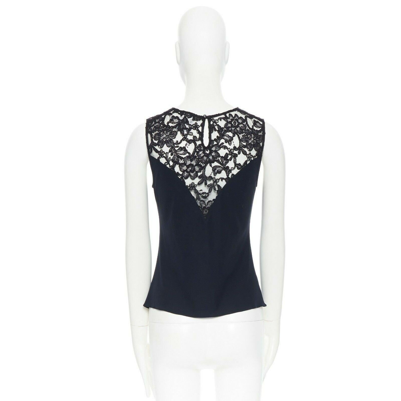 Women's CHANEL navy blue 100% cotton illusion neckline black lace sleeveless top FR36