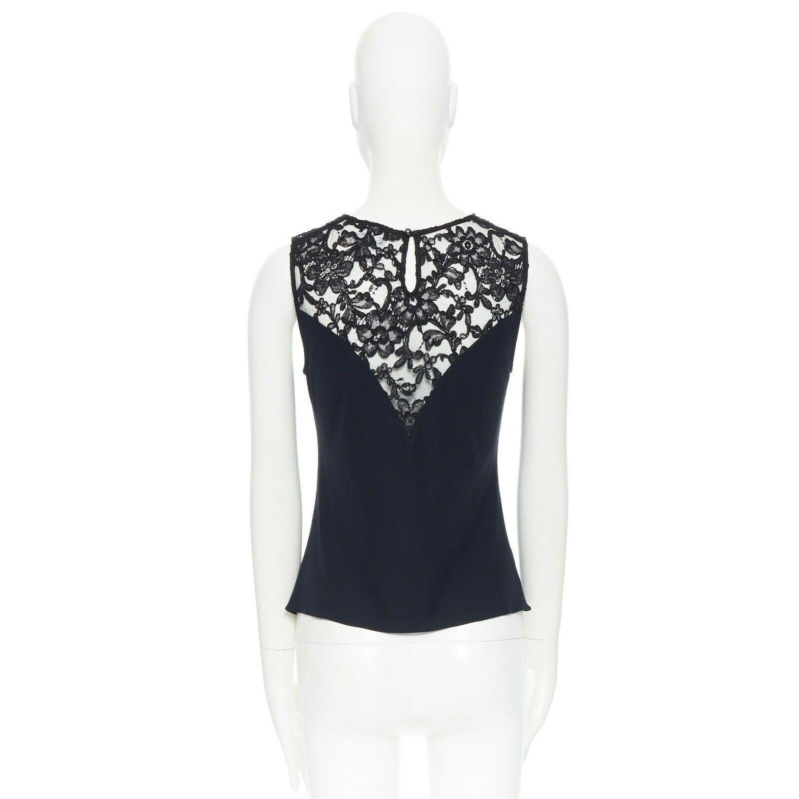 CHANEL top senza maniche in pizzo nero blu navy 100% cotone con scollo a illusione FR36 1
