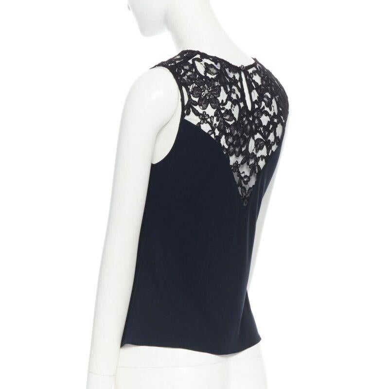 CHANEL navy blue 100% cotton illusion neckline black lace sleeveless top FR36 For Sale 1