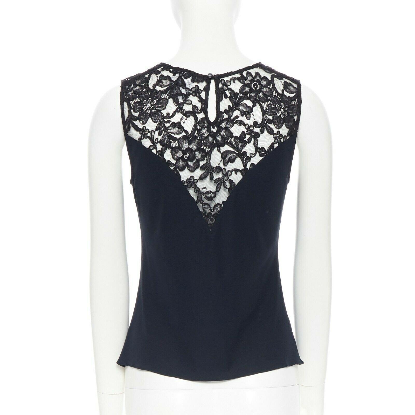 CHANEL top senza maniche in pizzo nero blu navy 100% cotone con scollo a illusione FR36 2