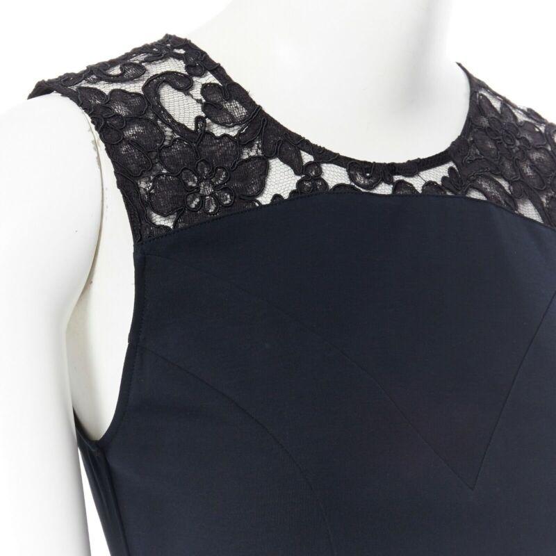 CHANEL navy blue 100% cotton illusion neckline black lace sleeveless top FR36 For Sale 2