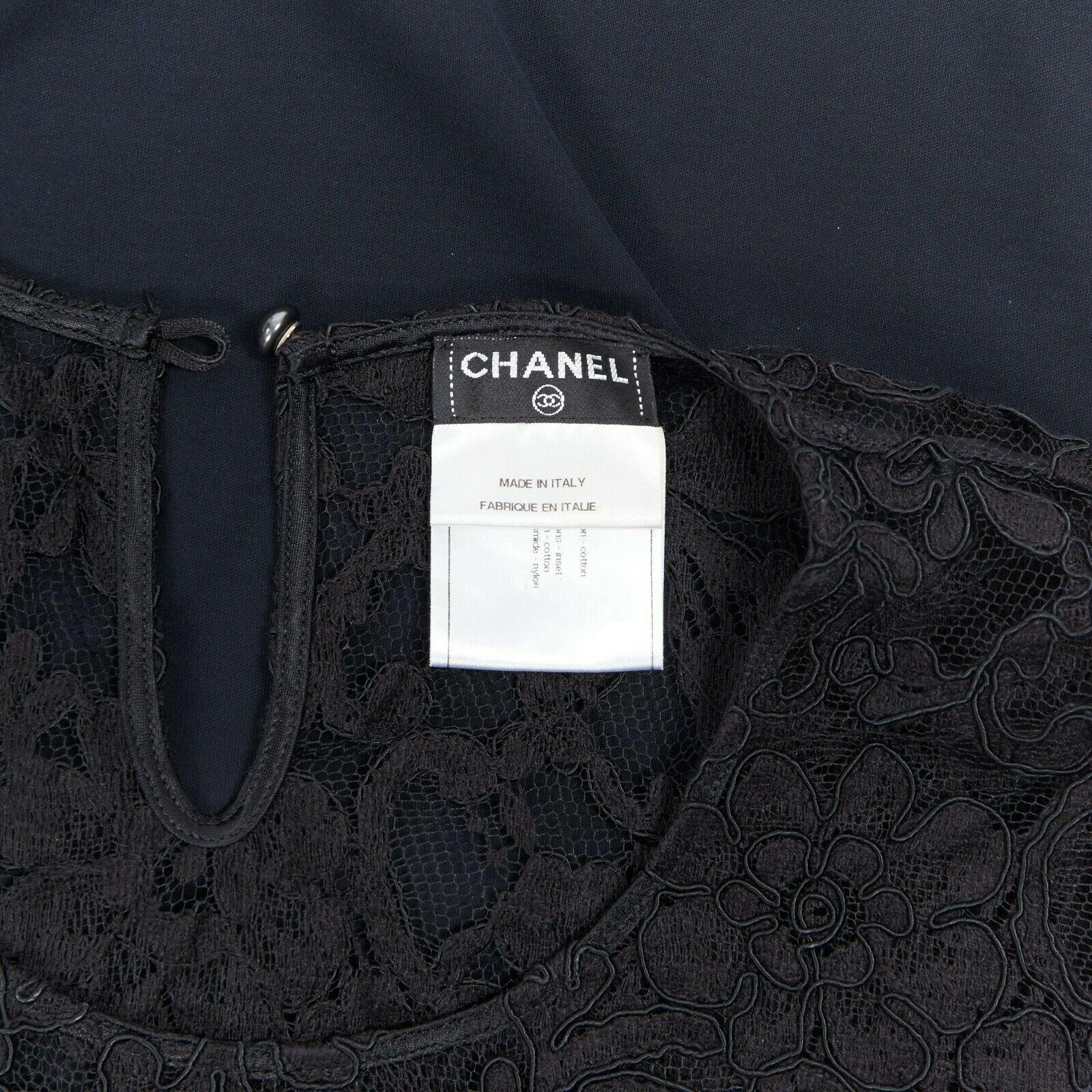 CHANEL navy blue 100% cotton illusion neckline black lace sleeveless top FR36 2