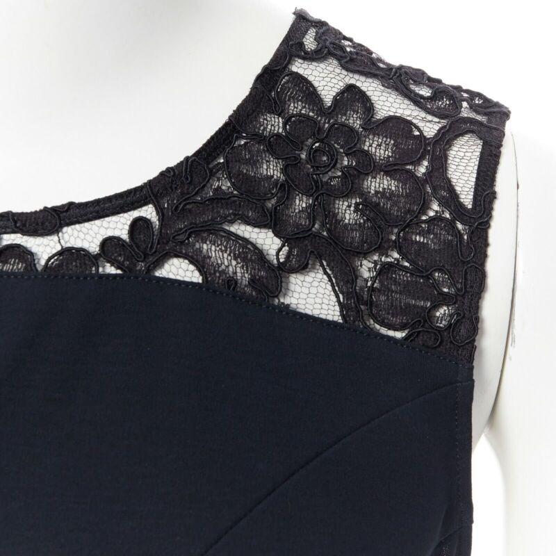 CHANEL navy blue 100% cotton illusion neckline black lace sleeveless top FR36 For Sale 3