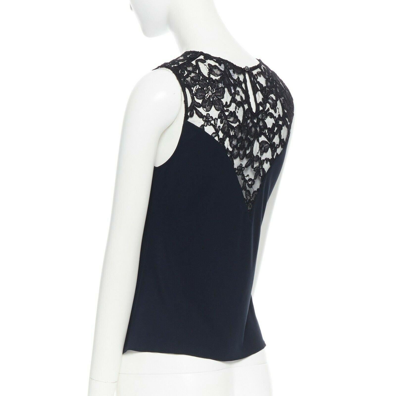 CHANEL navy blue 100% cotton illusion neckline black lace sleeveless top FR36 3