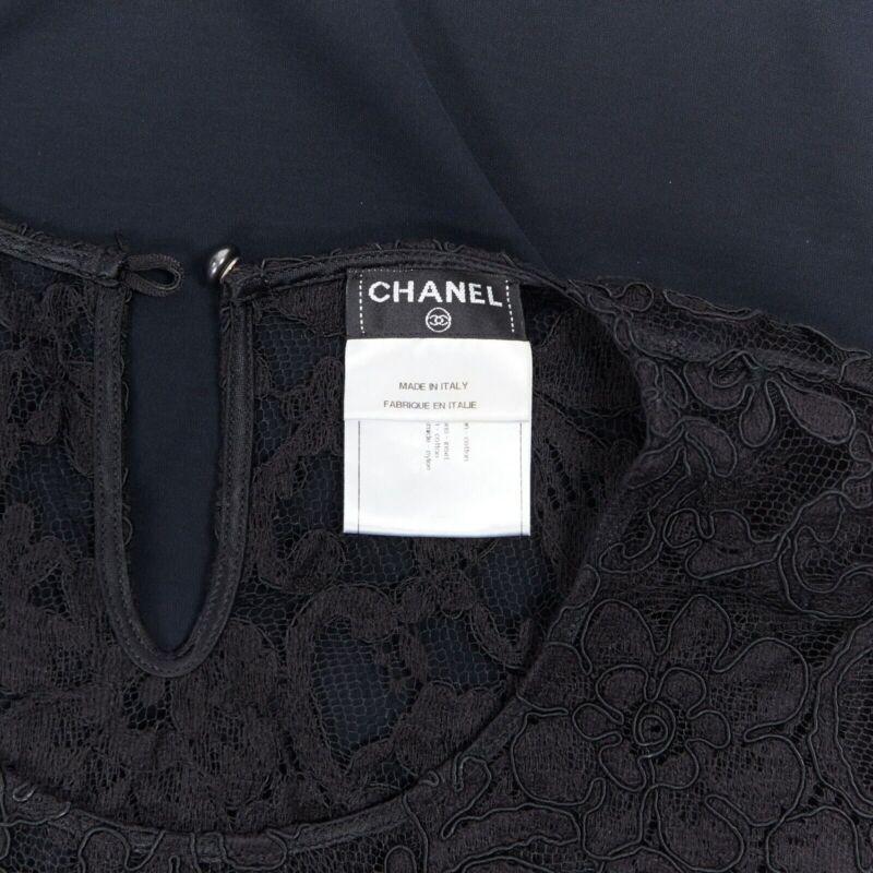 CHANEL navy blue 100% cotton illusion neckline black lace sleeveless top FR36 4