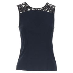 CHANEL azul marino 100% algodón escote ilusión encaje negro top sin mangas FR36