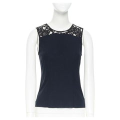 CHANEL navy blue 100% cotton illusion neckline black lace sleeveless top FR36