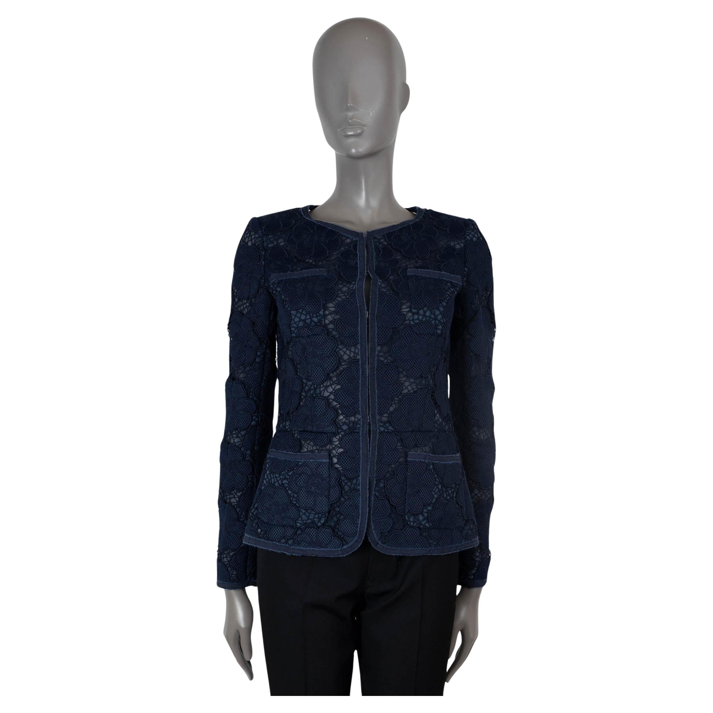 CHANEL navy blue 2016 16P CAMELLIA LACE Jacket 36 XS
