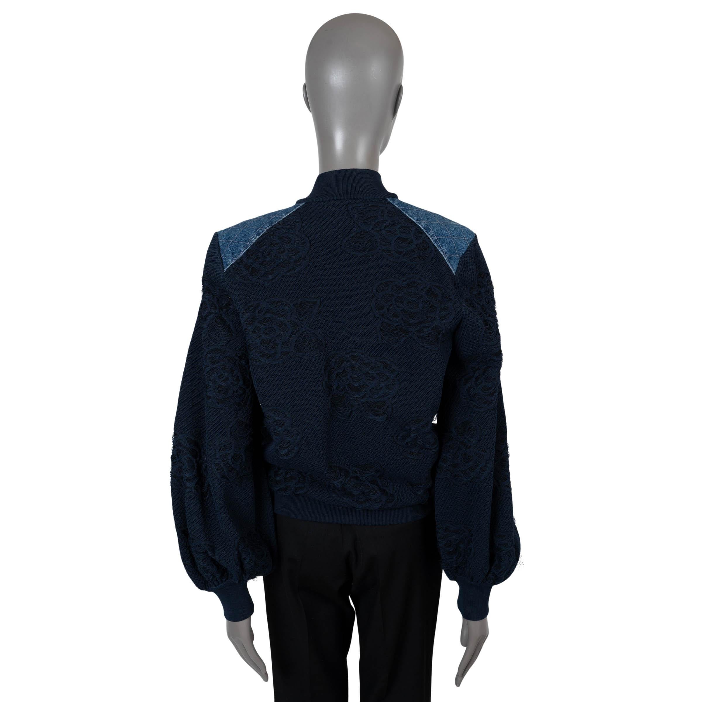 Black CHANEL navy blue 2017 17C CUBA DENIM TRIM CAMELLIA Bomber Jacket 38 S For Sale