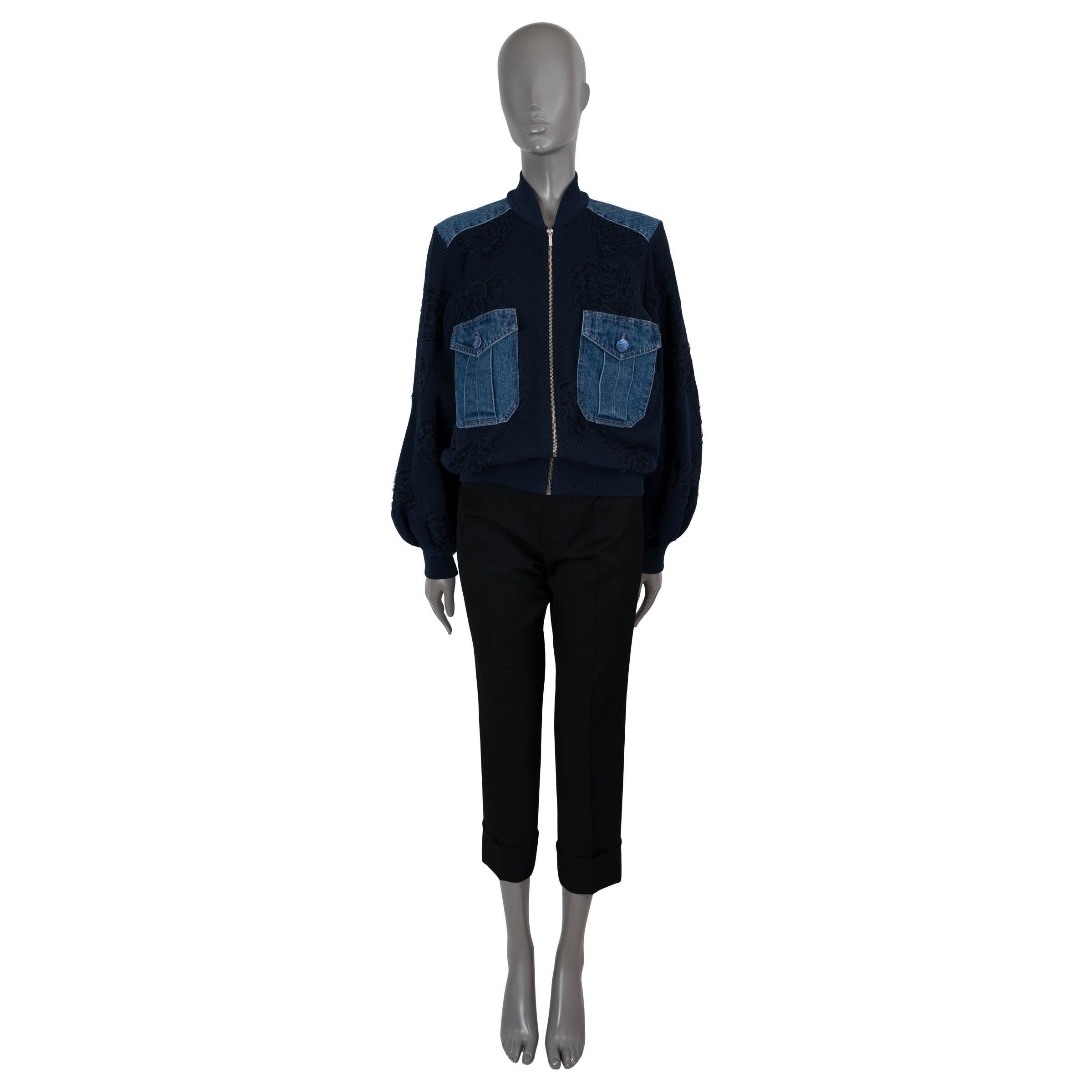 Women's CHANEL navy blue 2017 17C CUBA DENIM TRIM CAMELLIA Bomber Jacket 38 S For Sale