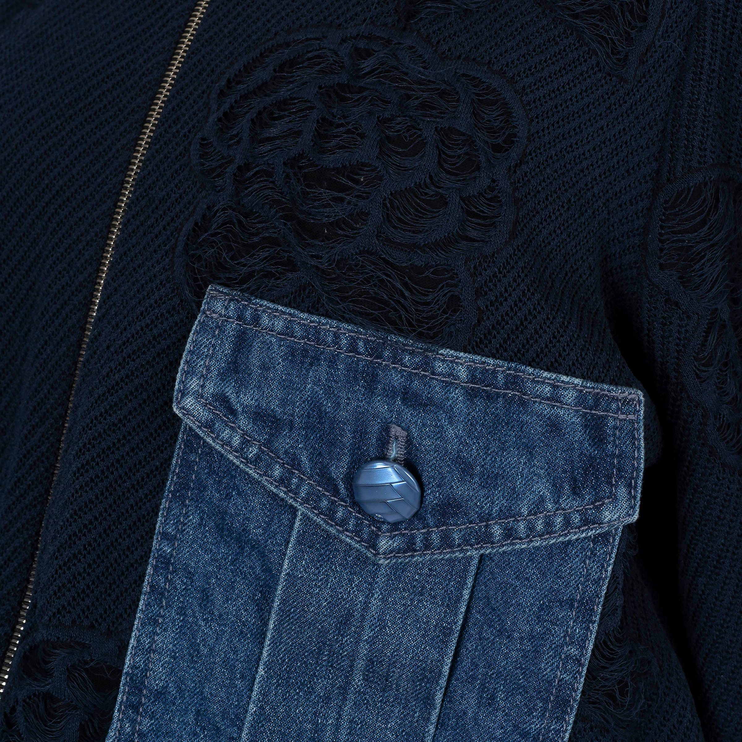 CHANEL navy blue 2017 17C CUBA DENIM TRIM CAMELLIA Bomber Jacket 38 S For Sale 1