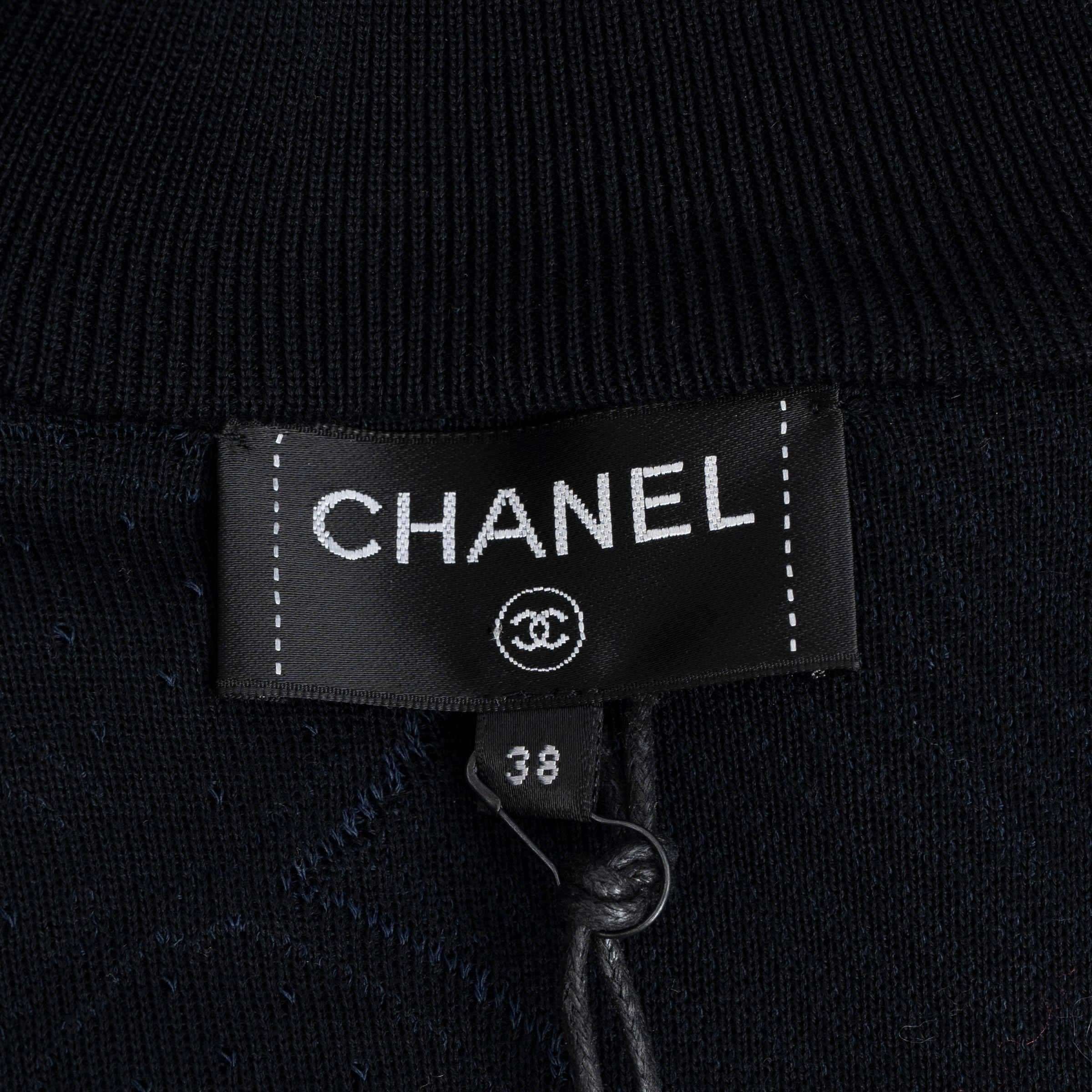CHANEL navy blue 2017 17C CUBA DENIM TRIM CAMELLIA Bomber Jacket 38 S For Sale 2
