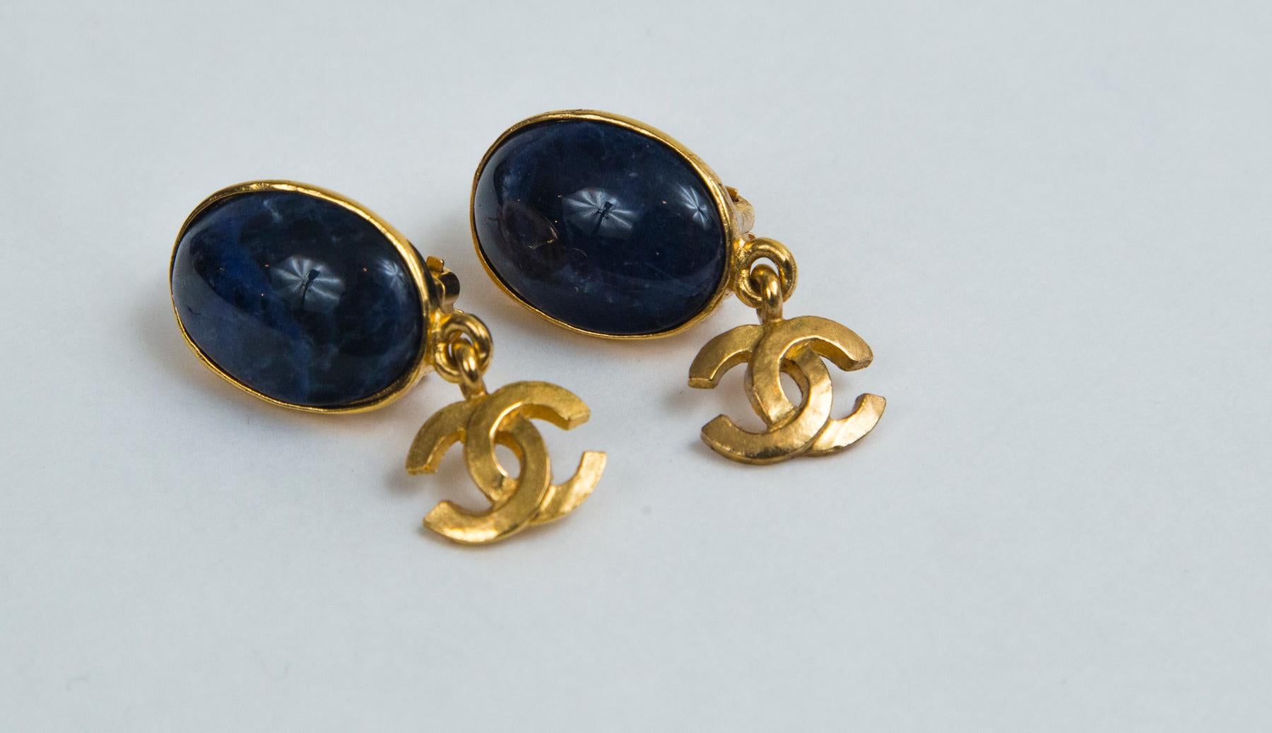 Chanel Navy Blue and Gold Earrings, Stamped with Chanel, CC, Made in France, 95 A (Autumn)