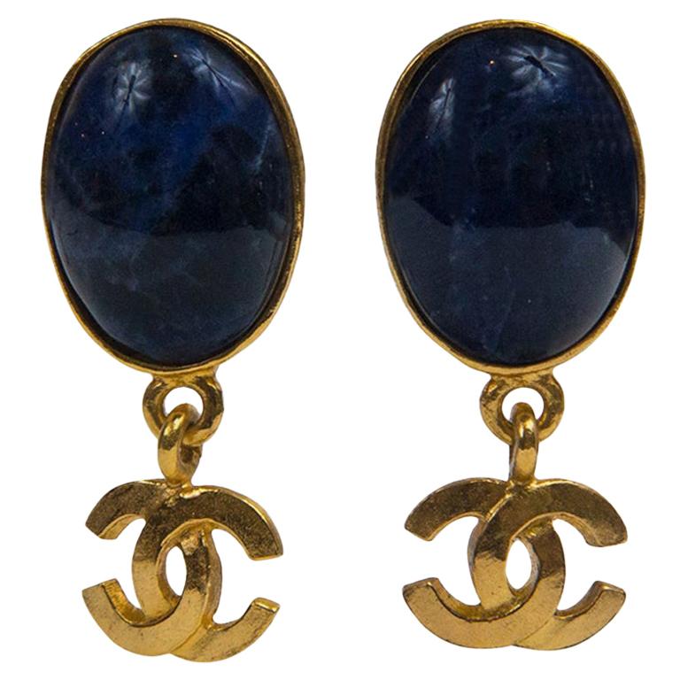 Chanel Navy Blue and Gold Earrings
