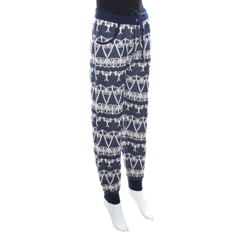 Black Chanel Navy Blue and White Cashmere Chunky Jacquard Knit Jogger Pants S