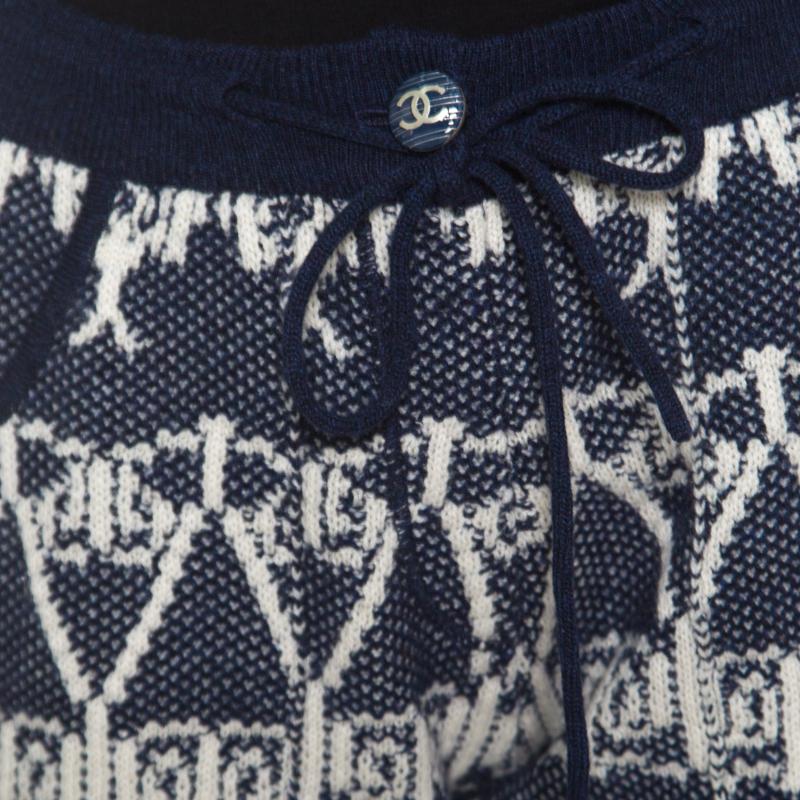 Black Chanel Navy Blue and White Cashmere Chunky Jacquard Knit Jogger Pants S