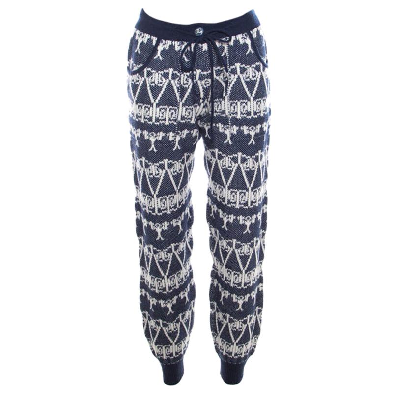 Chanel Navy Blue and White Cashmere Chunky Jacquard Knit Jogger Pants S