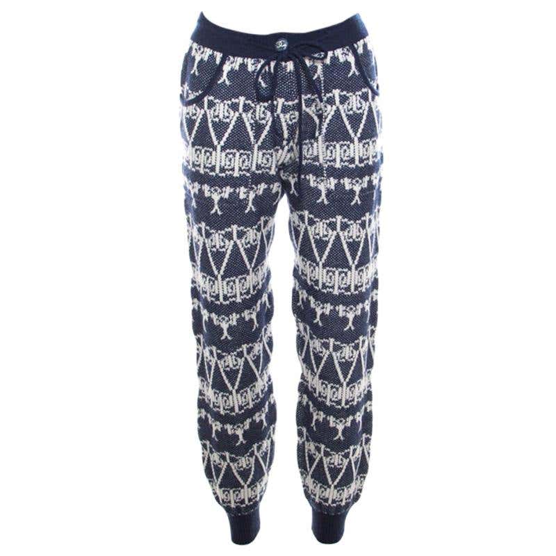 Chanel Navy Blue and White Cashmere Chunky Jacquard Knit Jogger Pants S ...