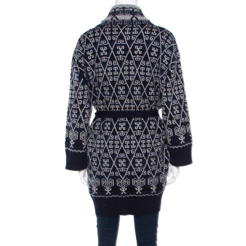 Black Chanel Navy Blue and White Patterned Knit Cashmere Belted Cardigan M