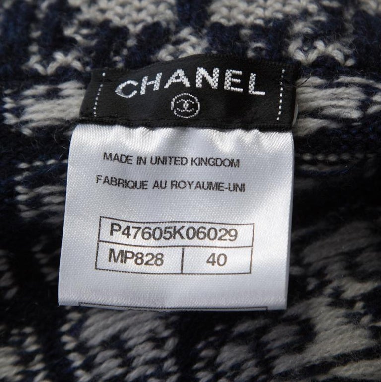 Chanel Navy Blue and White Patterned Knit Cashmere Belted Cardigan M ...