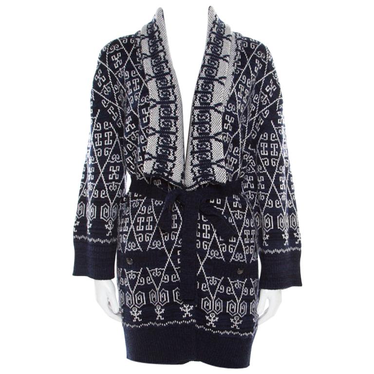 Chanel Navy Blue and White Patterned Knit Cashmere Belted Cardigan M