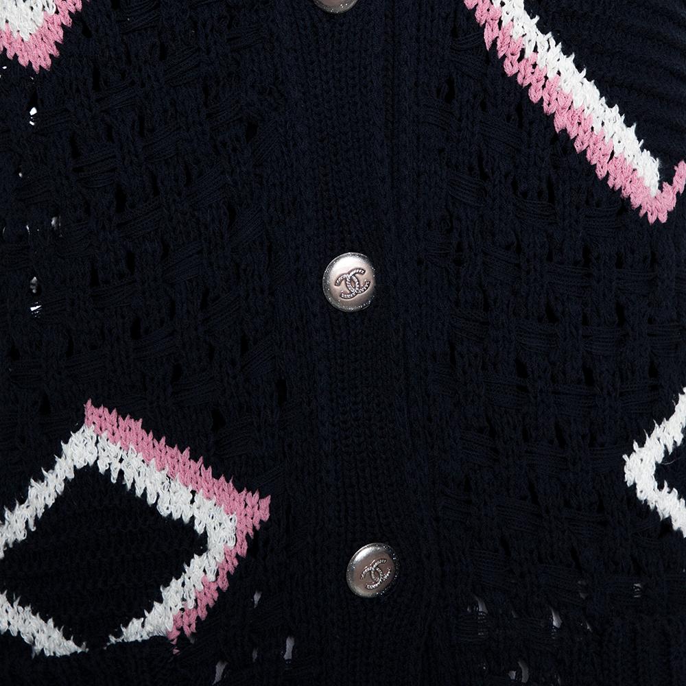 Chanel Navy Blue Basket Weave Knit Contrast Pattern Sleeveless Cardigan S 1