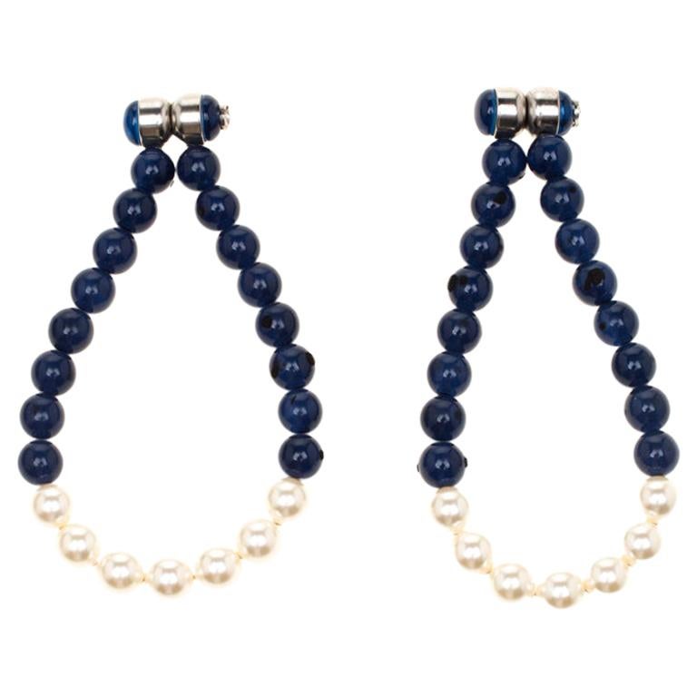 Chanel Navy Blue Bead Faux Pearl Magnetic Hoop Earrings For Sale at 1stDibs
