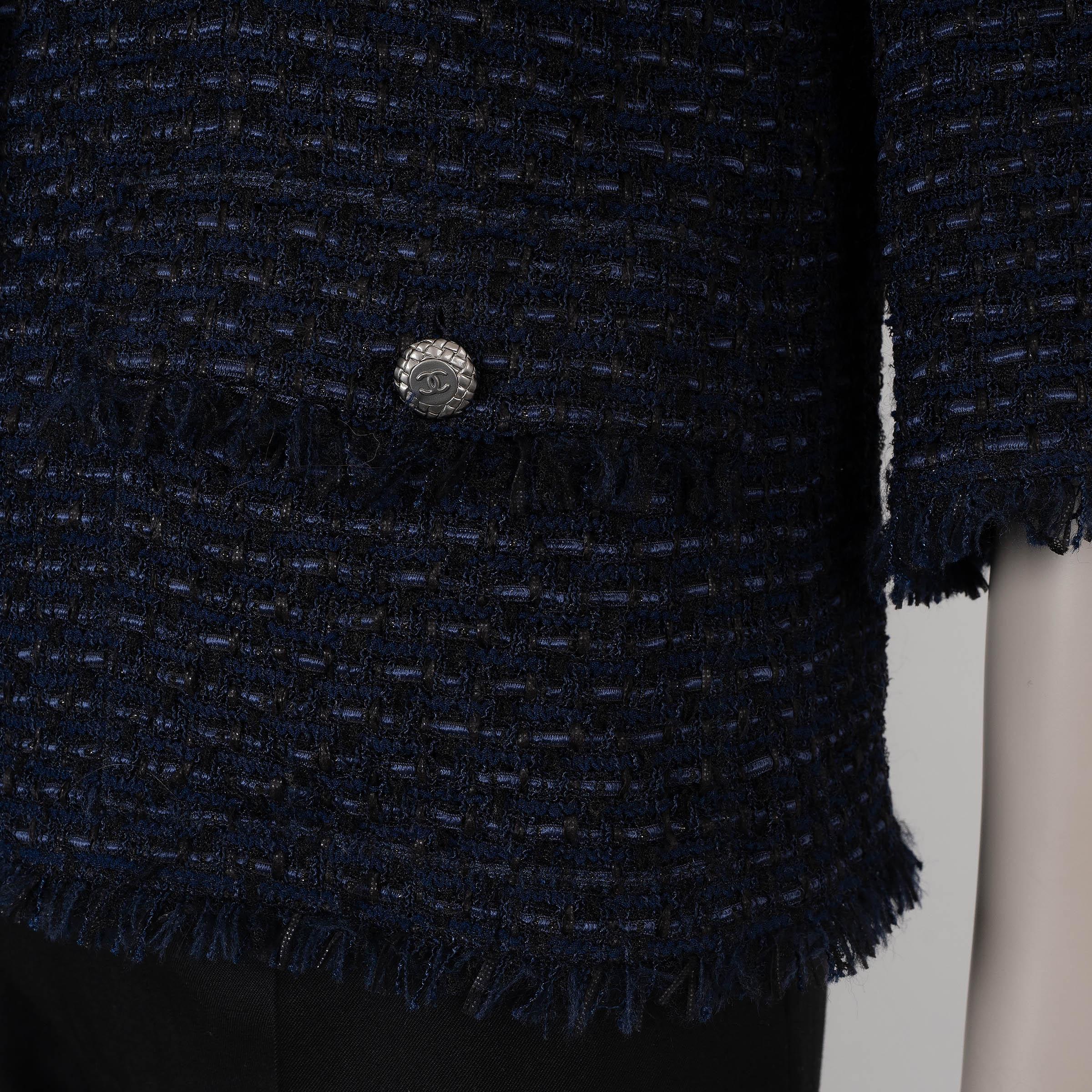 CHANEL navy blue & black 06C FRINGE TRIM TWEED Jacket 38 S 2