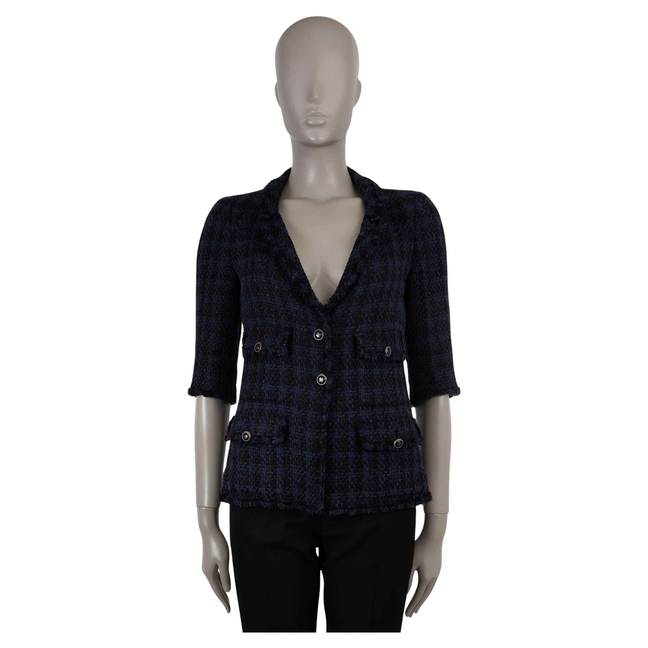 CHANEL navy blue & black 07P SHORT SLEEVE FOUR POCKET TWEED Jacket 36 XS For Sale