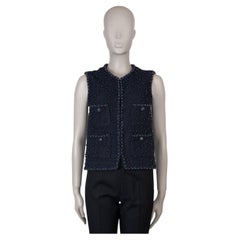 CHANEL navy blue & black cotton 17P PEARL TWEED Vest Jacket 36 XS
