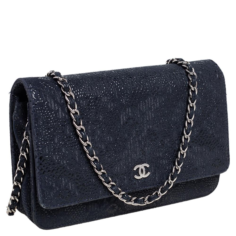 Women's Chanel Navy Blue/Black Lace Overlay Suede Classic Wallet on Chain