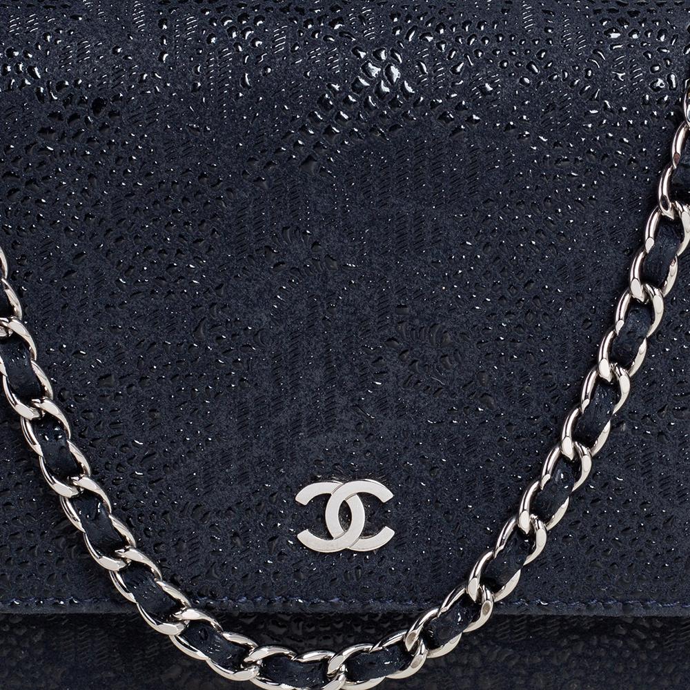 Chanel Navy Blue/Black Lace Overlay Suede Classic Wallet on Chain 4