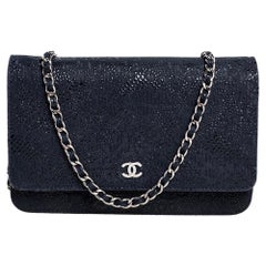 Chanel Navy Blue/Black Lace Overlay Suede Classic Wallet on Chain
