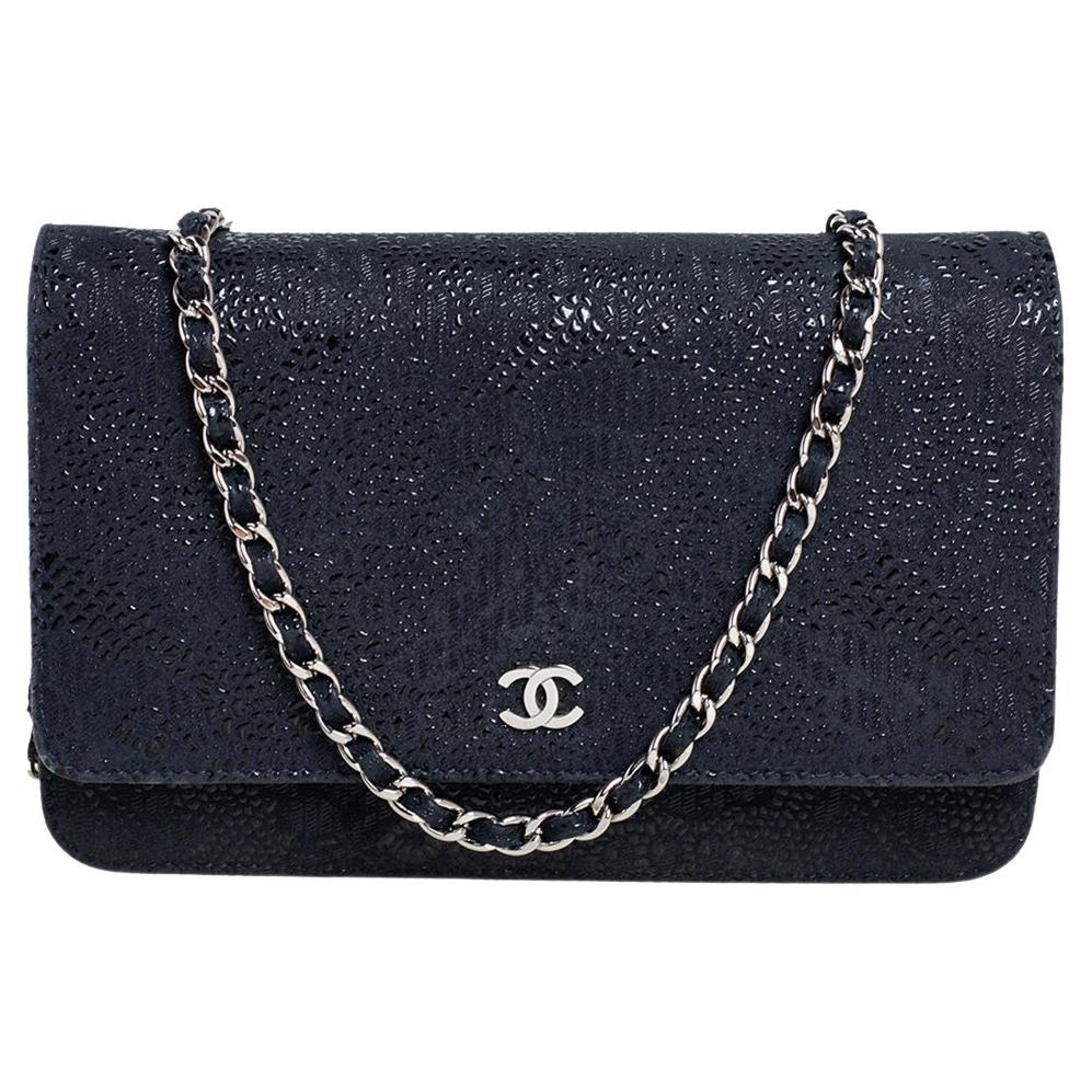 Chanel Navy Blue/Black Lace Overlay Suede Classic Wallet on Chain