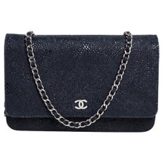 Chanel Navy Blue/Black Lace Overlay Suede Classic Wallet on Chain
