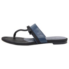 Chanel Navy Blue/Black Leather and Fabric CC Bow Thong Flats Size 37